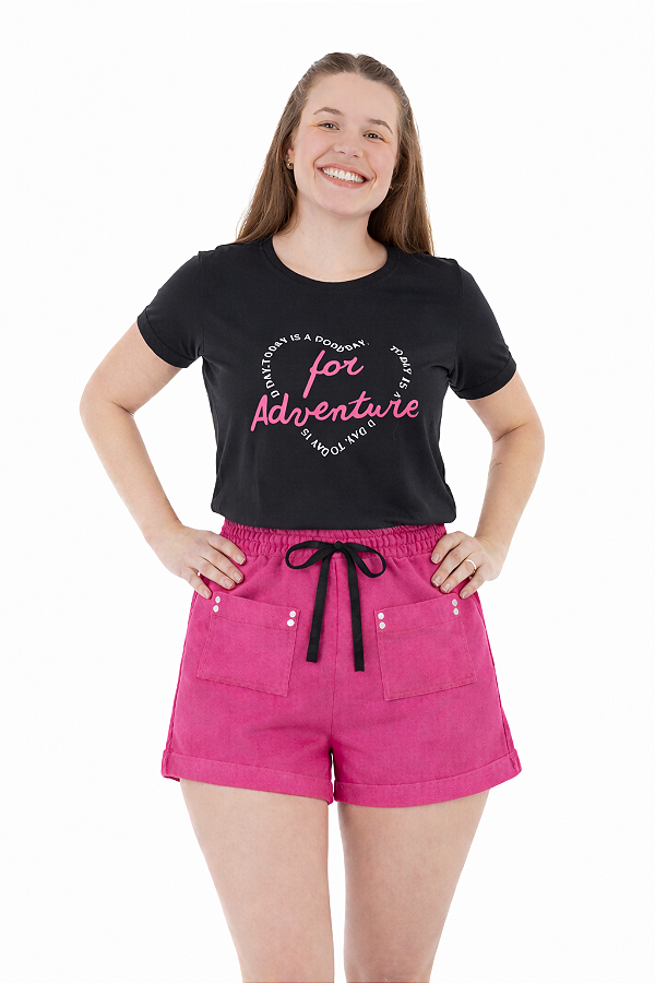 Conjunto Verão Feminino Camiseta Preta Adventure  Shorts Pink P ao GG