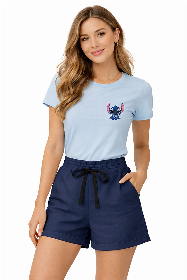 Conjunto Verão Feminino Camiseta Azul Stitch Shorts Azul Marinho P ao GG