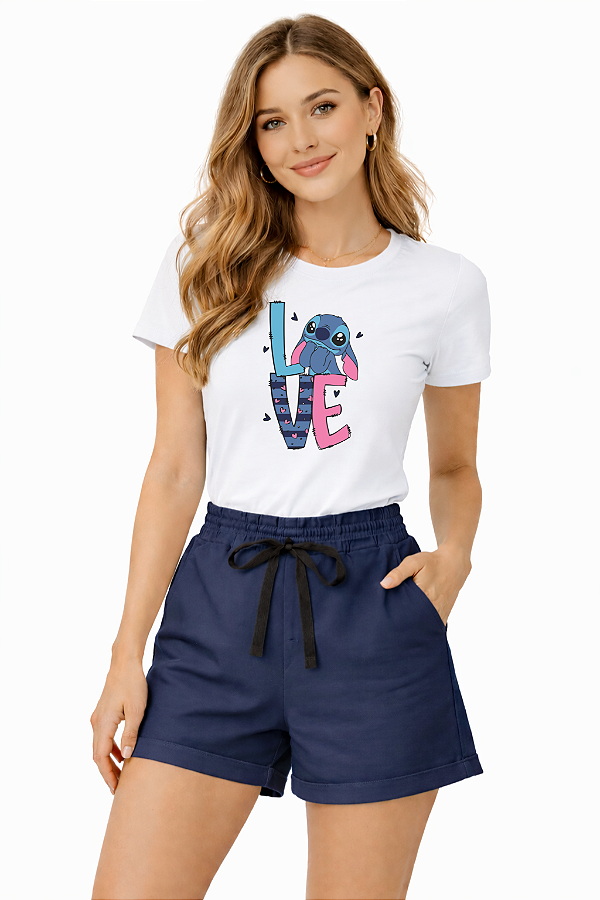 Conjunto Verão Feminino Camiseta Branca Stitch Shorts Azul Marinho P ao GG