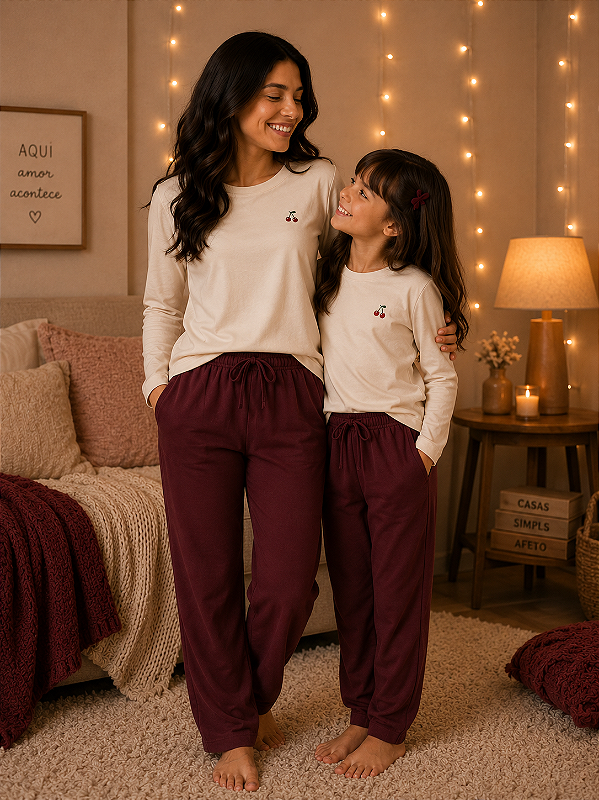 Pijama Mãe e Filha Cereja 100% Algodão Penteado