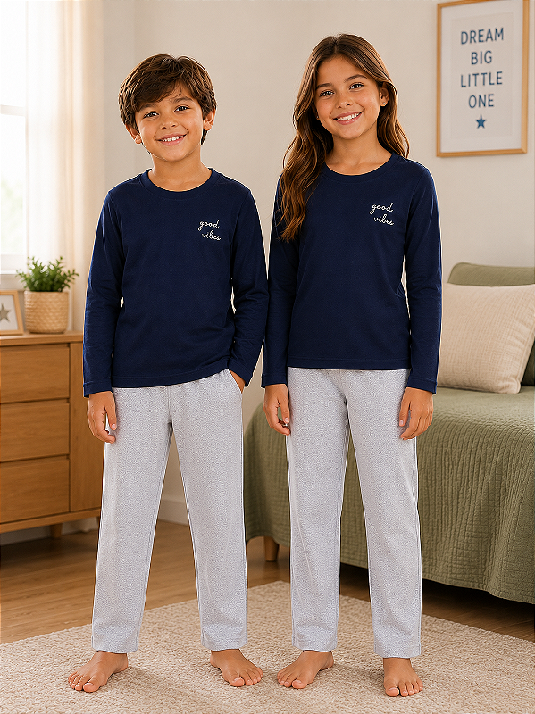 Pijama Infantil Unissex Good Vibes 100% Algodão Penteado