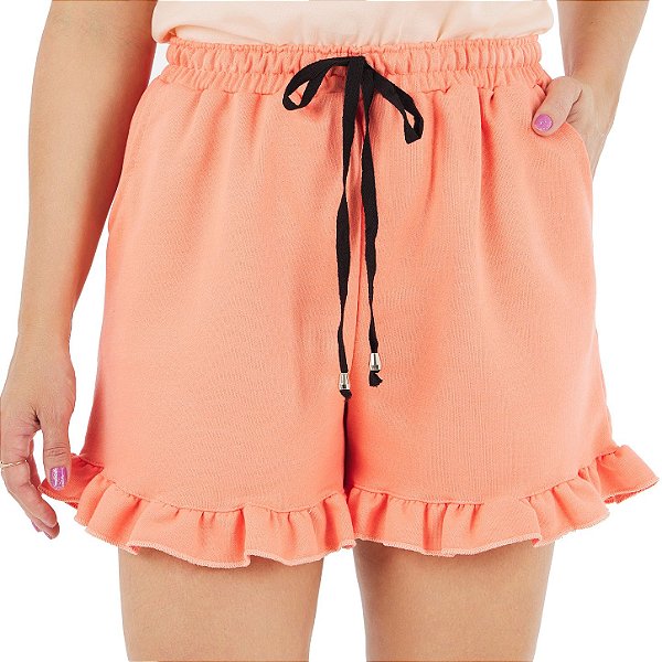 Shorts feminino moletom salmão babado