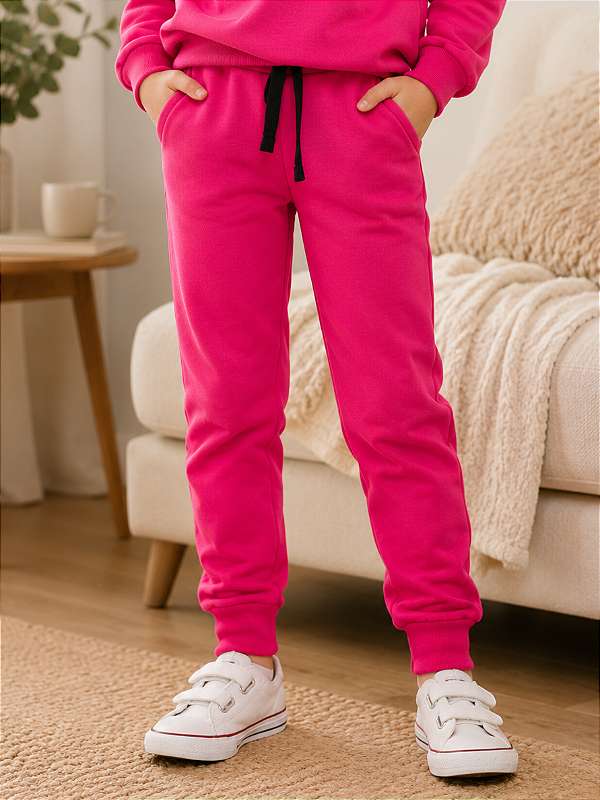 Calça moletom peluciada infantil menina rosa pink