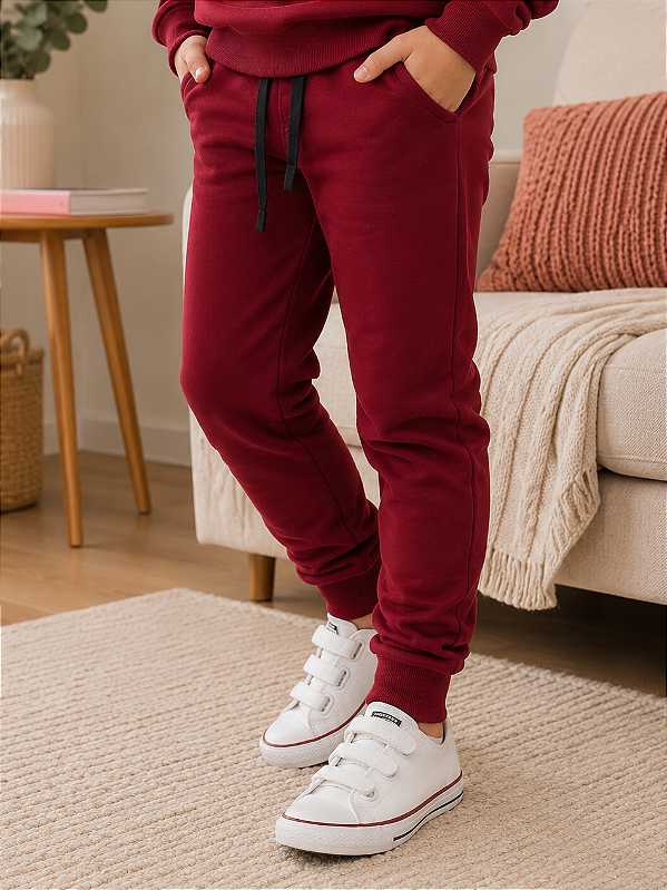 Calça moletom peluciada Unissex bordô