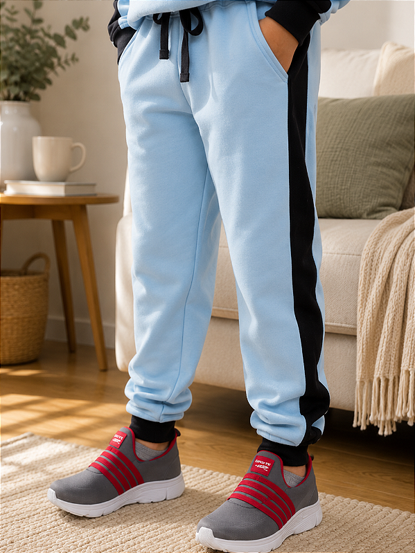 Calça Infantil Masculina Moletom Peluciado Azul com Recorte