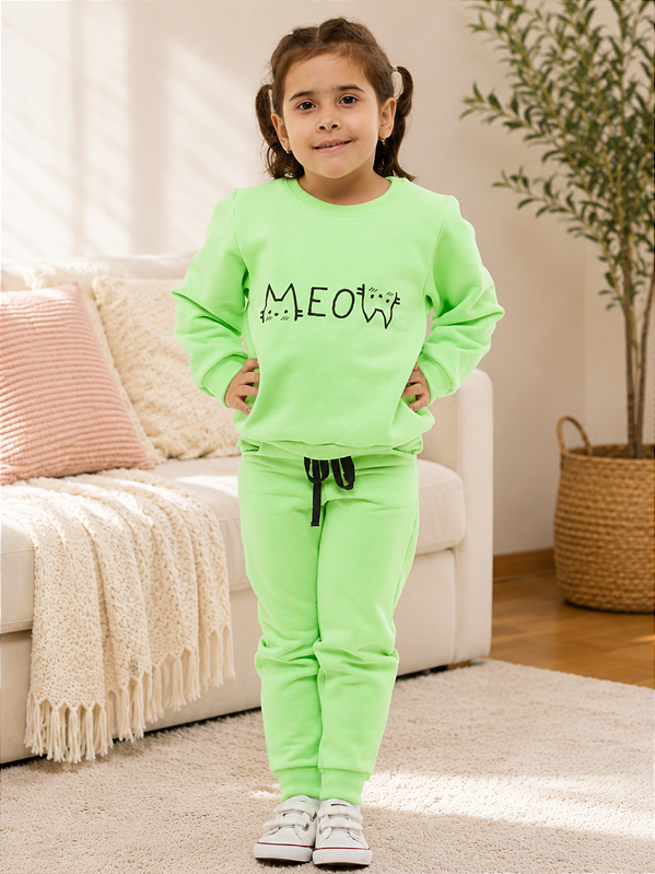 Conjunto Infantil Feminino Verde Neon Meow em Moletom Peluciado