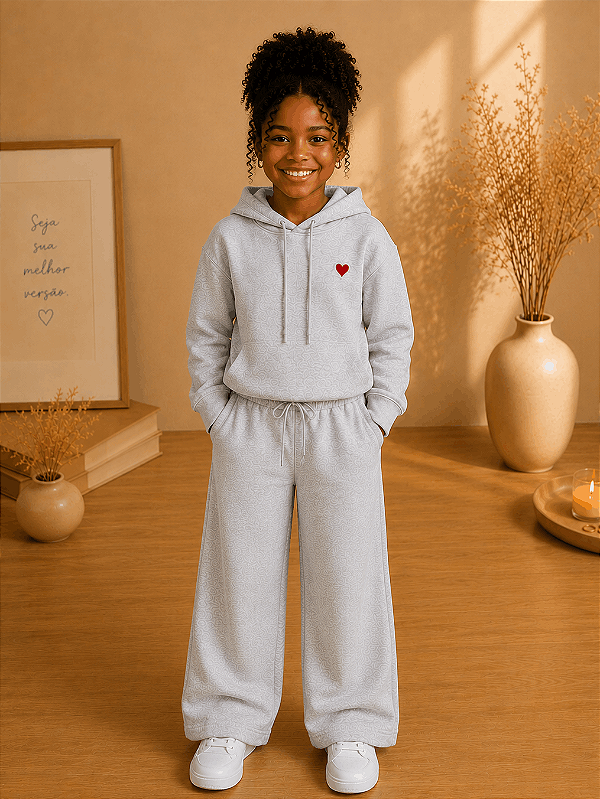 Conjunto Infantil Feminino Mescla com Capuz e Calça Pantalona