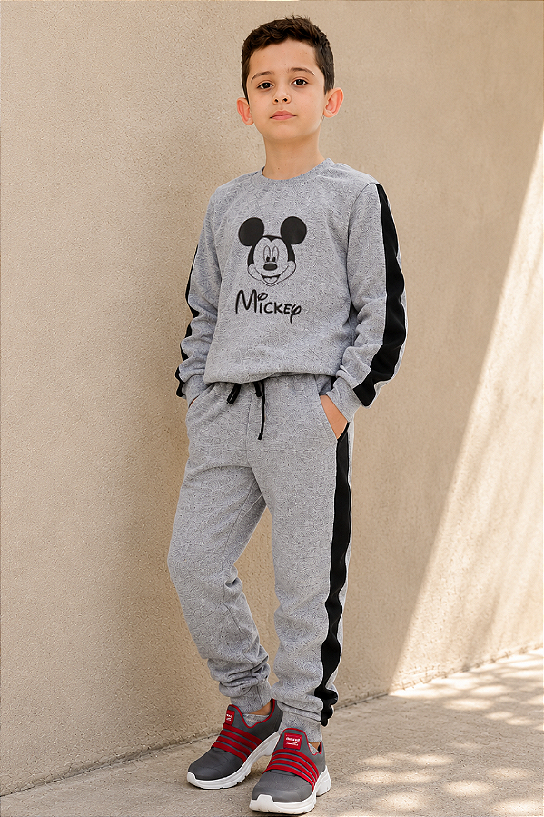 Conjunto Infantil Masculino Mescla com Faixa Preta em Moletom Peluciado