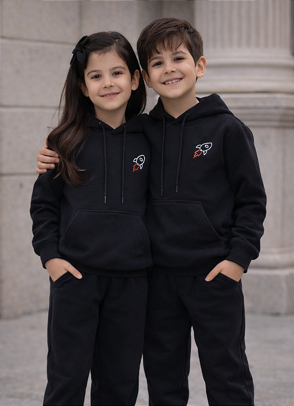 Conjunto Infantil Unissex Preto com Capuz e Bordado Foguete