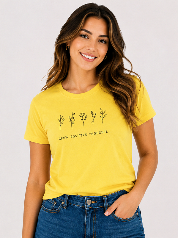 Camiseta Feminina Amarela Grow Positive Thoughts 100% Algodão