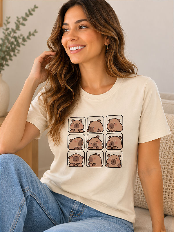 Camiseta Feminina Areia Capivara em Algodão Estampa Exclusiva