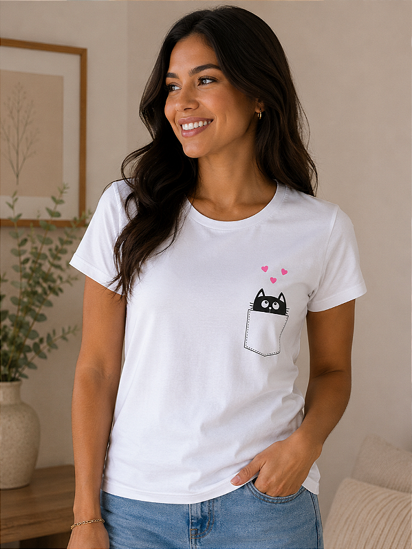 Camiseta Feminina Branca Gatinho no Bolso 100% Algodão