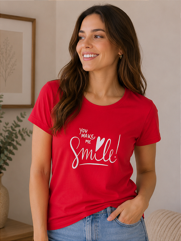 Camiseta Feminina Vermelha Smile 100% Algodão