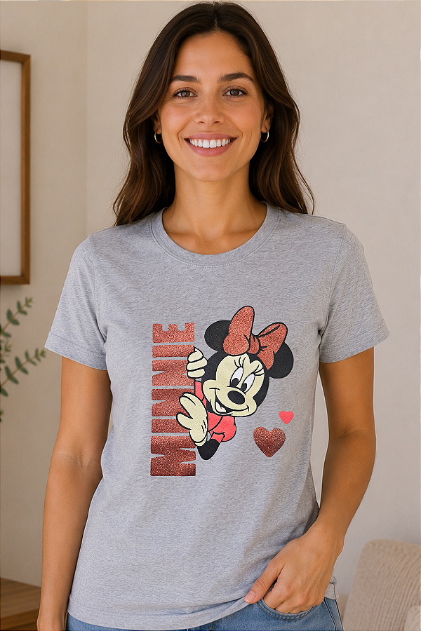 Camiseta Feminina Mescla Minnie Mouse 100% Algodão