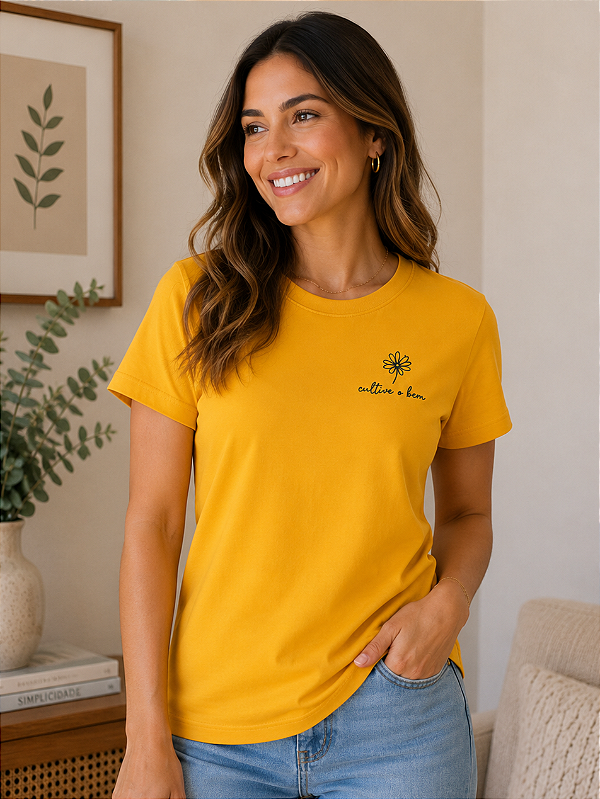 Camiseta Feminina Cultive o Bem Amarelo Ouro 100% Algodão