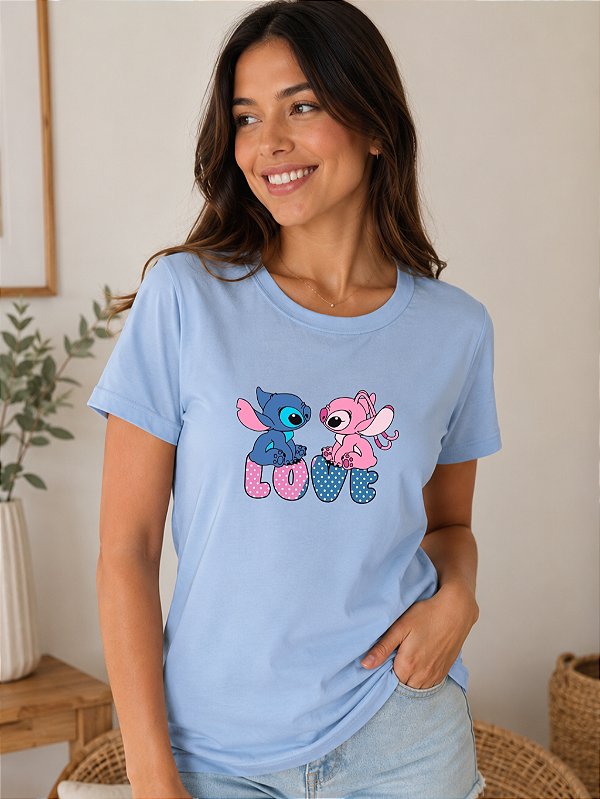 Camiseta Feminina Stitch e Angel Love Azul Bebê