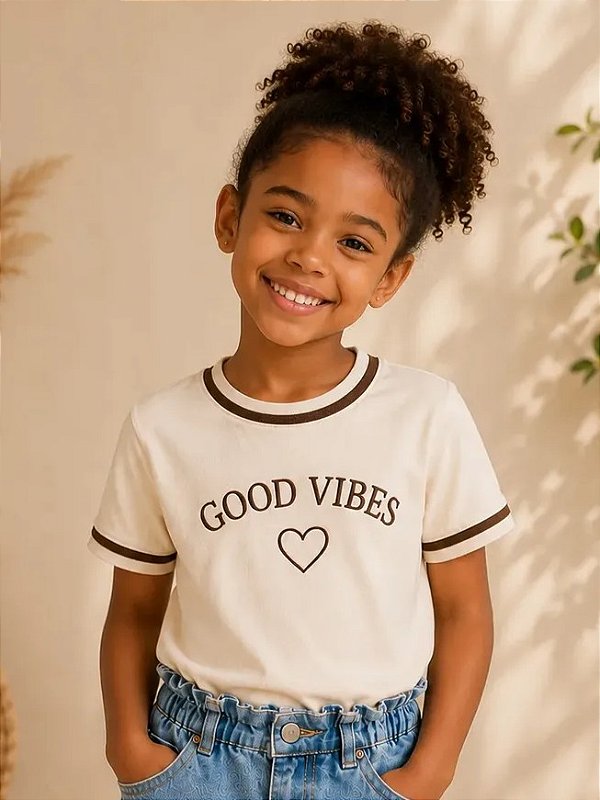 Camiseta Infantil Good Vibes Off White com Detalhes Marrom