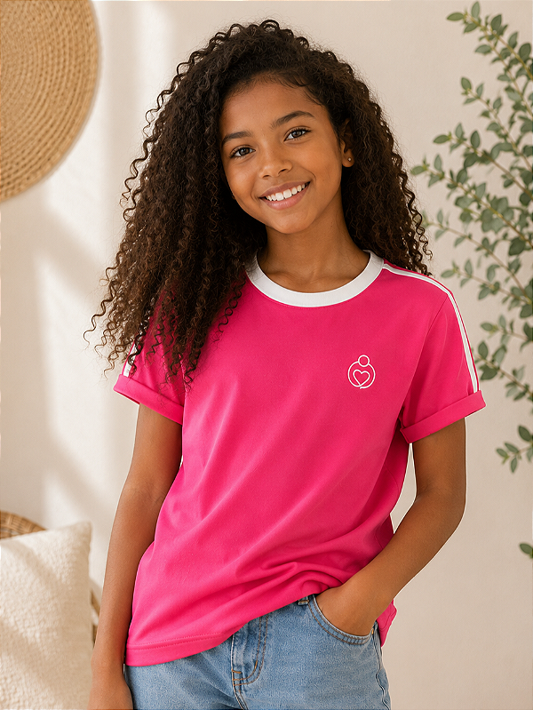 Camiseta Infantil Pink motherly com Friso Branco 100% Algodão