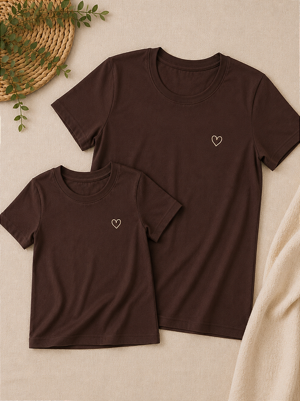 Kit Camiseta Mãe e Filha Marrom com Coração Bordado 100% Algodão