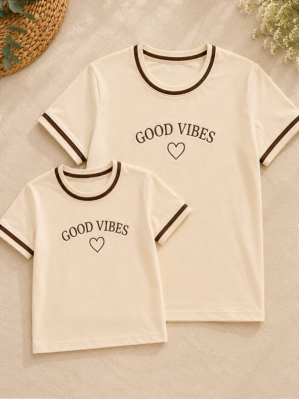 Kit Camiseta Mãe e Filha Good Vibes Off White com Detalhes Marrom