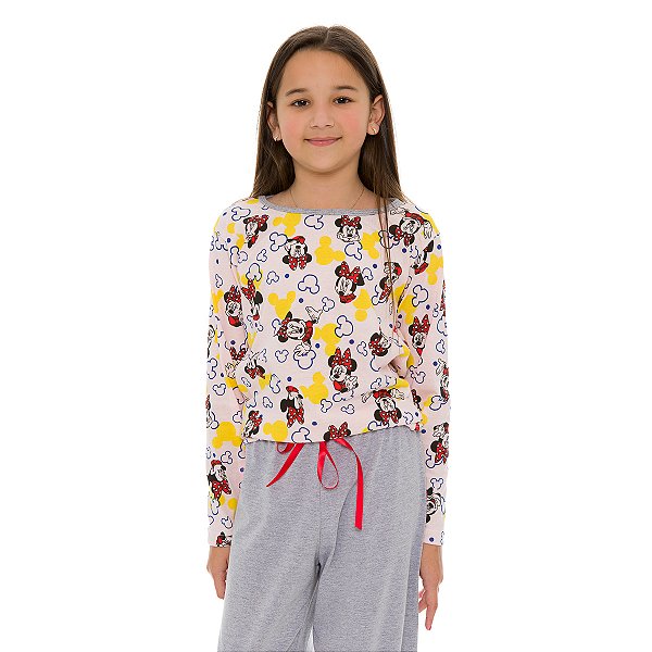 Pijama Infantil Feminino Minnie Manga Longa com Calça Mescla