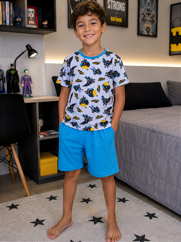 Pijama Infantil Masculino Batman Camiseta e Bermuda Azul