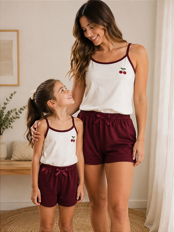 Pijama Mãe e Filha Cereja com Shorts Bordô 100% Algodão
