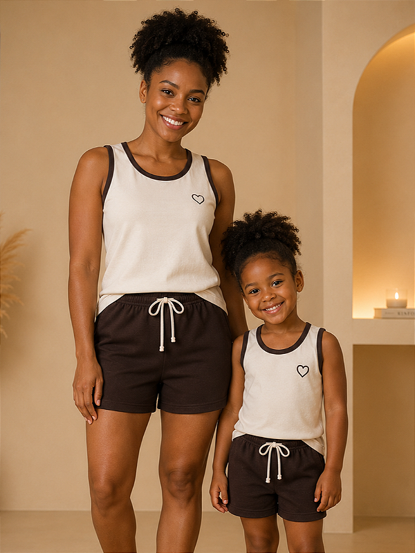 Pijama Mãe e Filha Regata com Shorts 100% Algodão Penteado