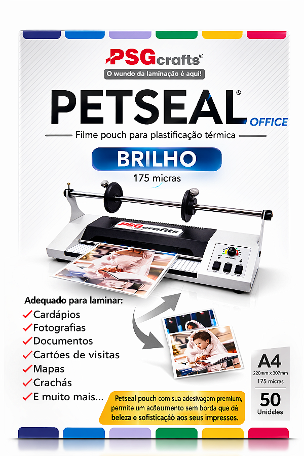 PETSeal Brilho A4 – Laminação a Quente | Pacote com 100 Lâminas