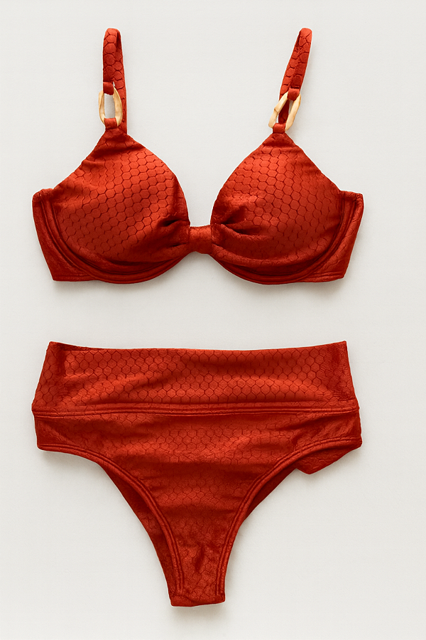 Biquíni Meia Taça Cós Alto Texturizado Colméia