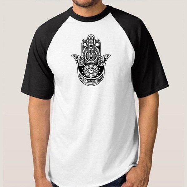 CAMISETA BRANCA COM MANGA PRETA NERDERIA e LOJARIA hamsa6 BRANCA