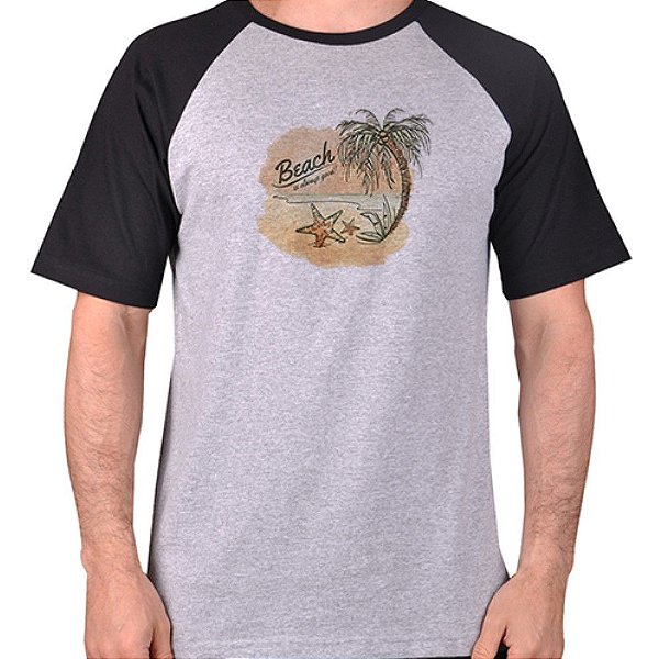 CAMISETA MESCLA CINZA COM MANGA PRETA NERDERIA e LOJARIA beach CINZA