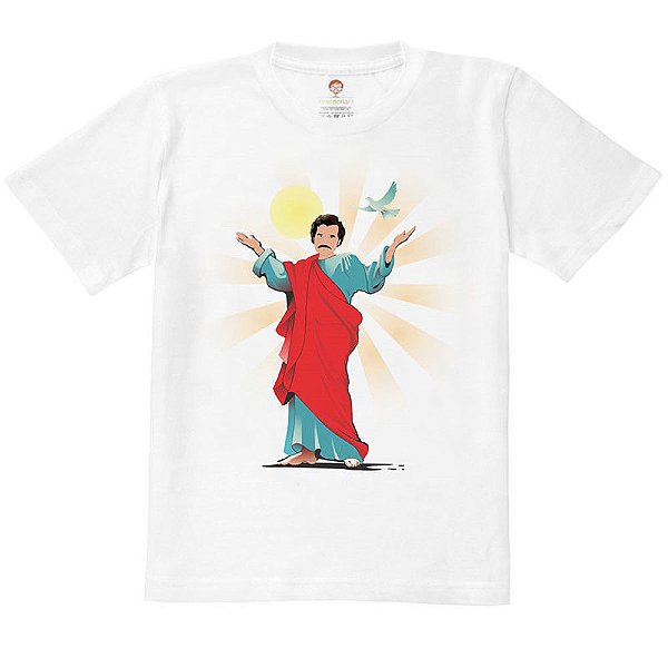 Camiseta Infantil Nerderia e Lojaria pablo escobar jesus BRANCA