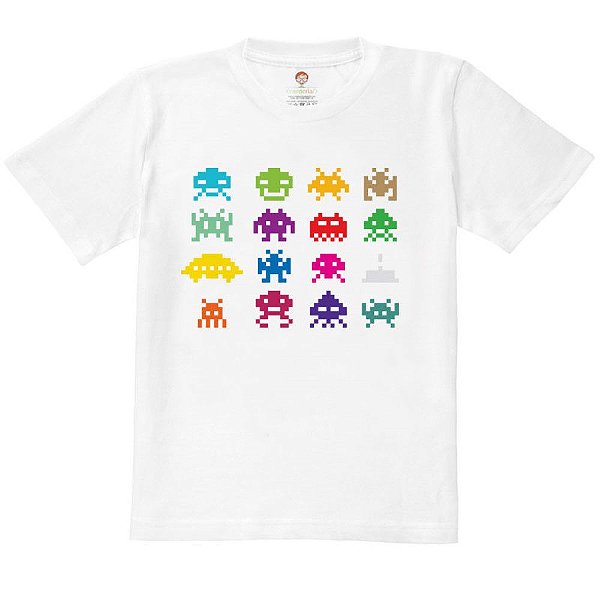 Camiseta Infantil Nerderia e Lojaria space invader bugs BRANCA