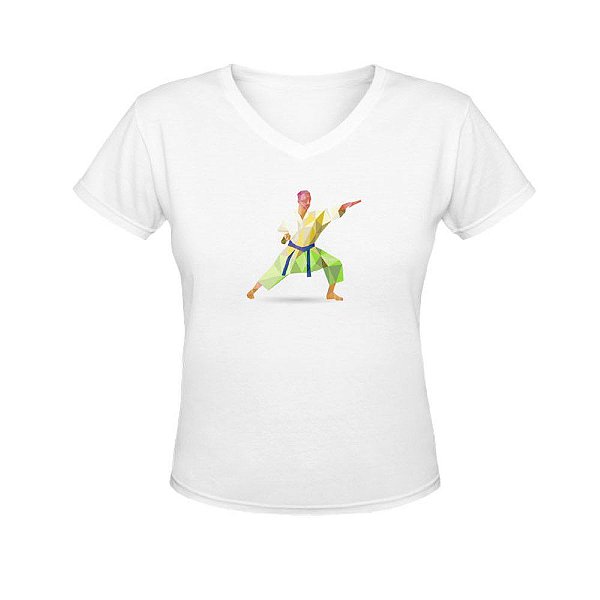 Camiseta Gola V Nerderia e Lojaria karate geometrico BRANCA