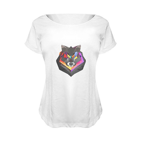 Camiseta Baby Look Nerderia e Lojaria lobo geometrico BRANCA