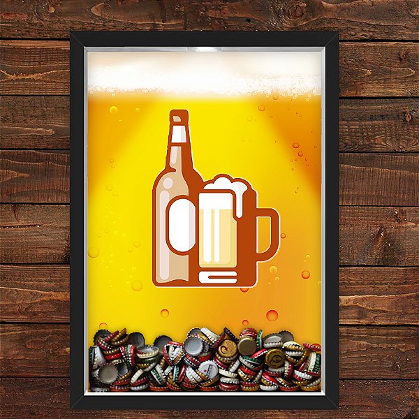 Quadro Caixa Porta Tampinha Cerveja 33x43 cm (Com Led) Lojaria e Nerderia. beer preto