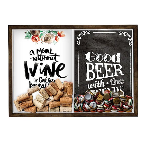 Quadro CAIXA Porta Rolha Vinho E Tampinha Cerveja (2 Em 1) 33x43 cm  Nerderia e Lojaria Breakfast e Good beer black made