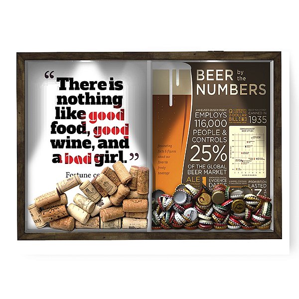 Quadro CAIXA 33x43 cm Porta Rolha Vinho E Tampinha Cerveja (2 Em 1) - Com LED Nerderia e Lojaria bab girl e beer numbers