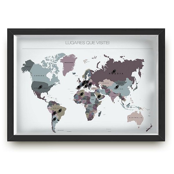 Quadro mapa  33x43 cm NERDERIA E LOJARIA viagens lugares saturacao preto