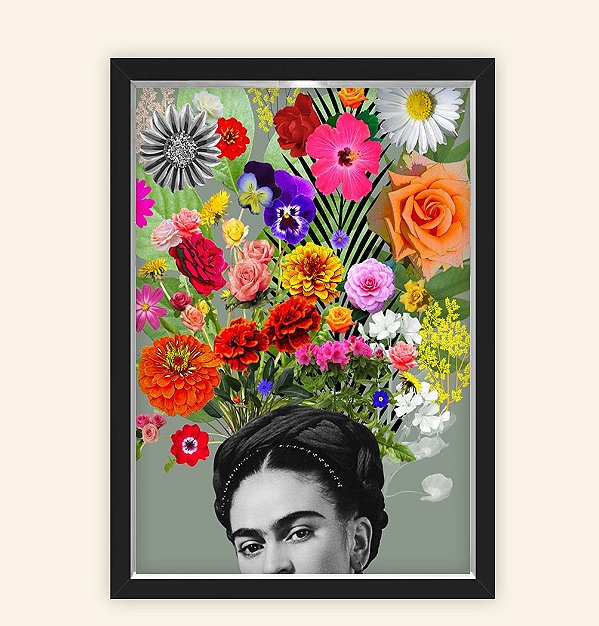 Quadro Caixa Decorativo 23x33cm Nerderia e Lojaria frida florida preto