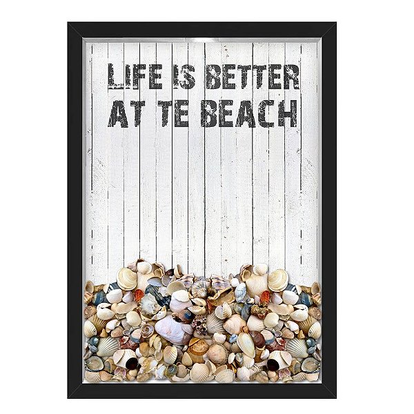 QUADRO CAIXA 33X43  PORTA CONCHAS NERDERIA E LOJARIA conchas better at the beach preto