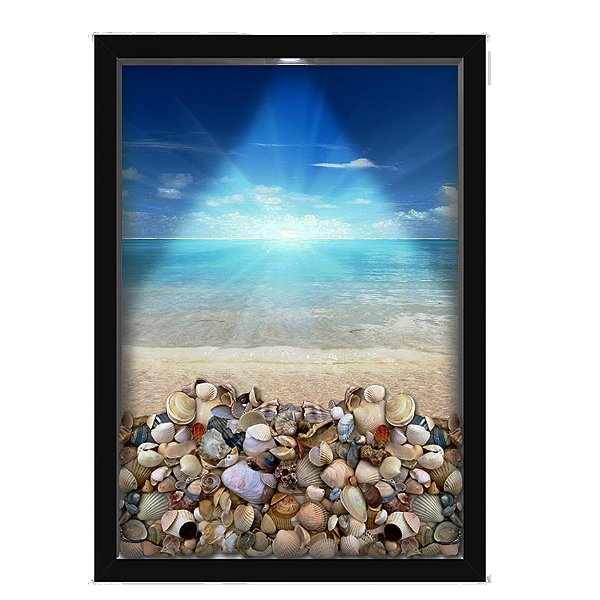 Quadro Caixa Porta Conchas 33x43 cm (Com Led) Lojaria e Nerderia. conchas praia sol preto