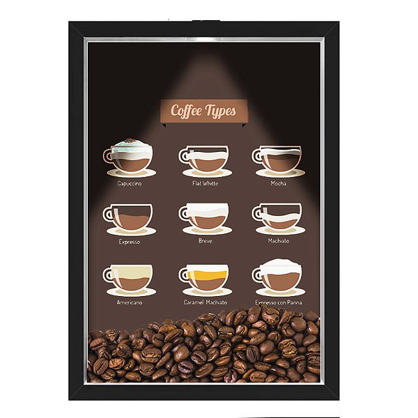 Quadro Caixa 33x43 cm Porta Grãos de Café (Com Led) Nerderia e Lojariagraos cafe tipos preto