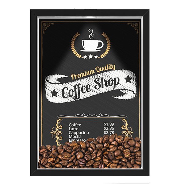 Quadro Caixa 33x43 cm Porta Grãos de Café (Com Led) Nerderia e Lojariagraos cafe shop preto