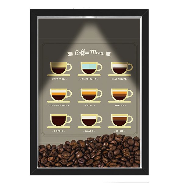 Quadro Caixa 33x43 cm Porta Grãos de Café (Com Led) Nerderia e Lojariagraos cafe menu preto