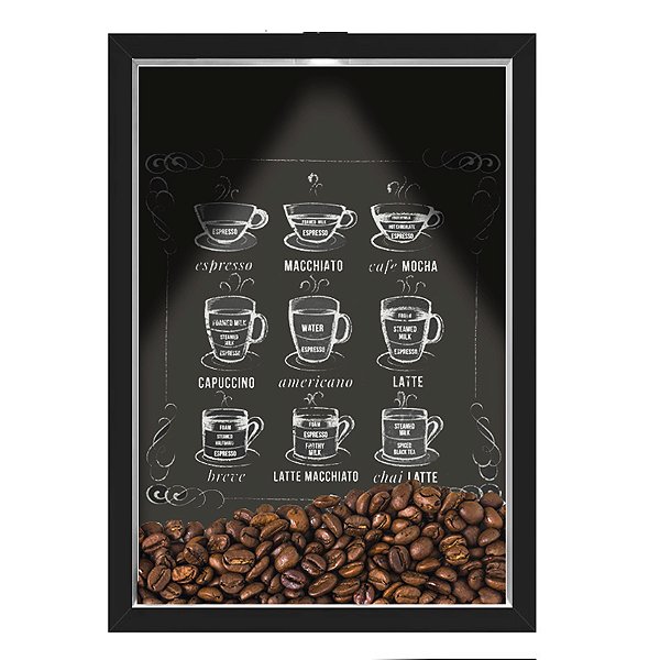 Quadro Caixa 33x43 cm Porta Grãos de Café (Com Led) Nerderia e Lojariagraos cafe lousa preto