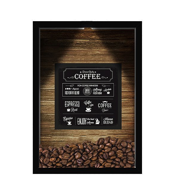 QUADRO DUPLO CAIXA 33X43  (COM LED )PORTA GRÃOS DE CAFE Nerderia e Lojaria  graos cafe premim quality preto