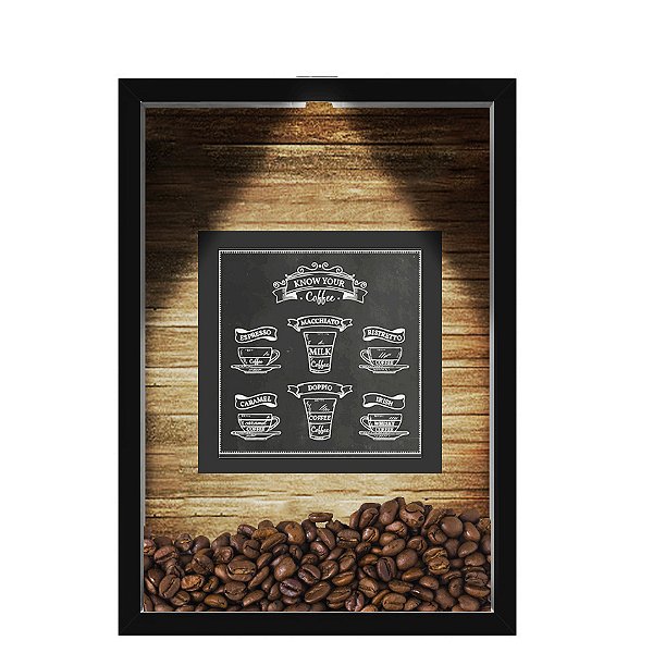 QUADRO DUPLO CAIXA 33X43  (COM LED )PORTA GRÃOS DE CAFE Nerderia e Lojaria  graos café fresh 2 preto