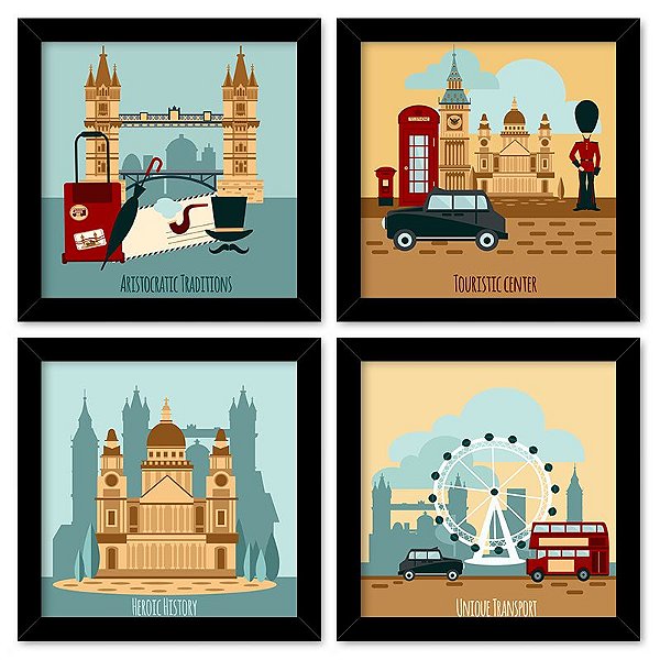 Quadro  23x23cm (4 und.) Nerderia e Lojaria london preto